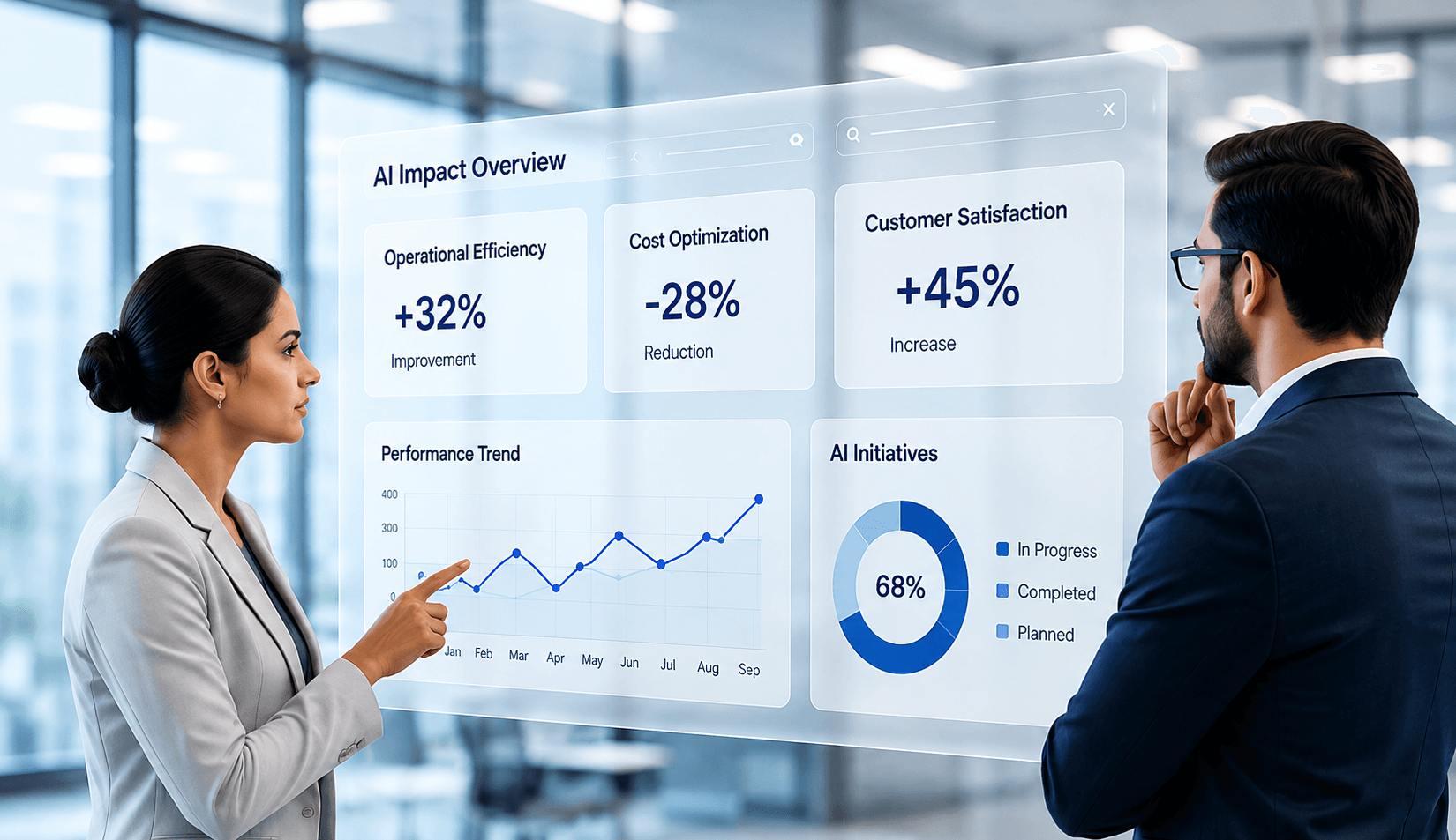 Enterprise leaders reviewing an AI impact dashboard
