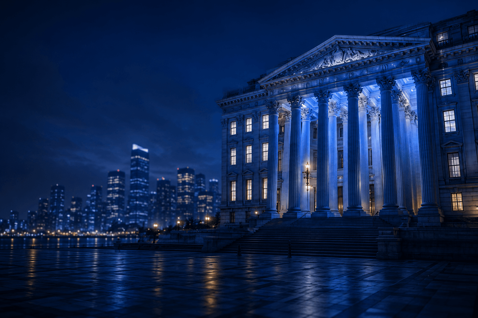 Banking building and city skyline at night