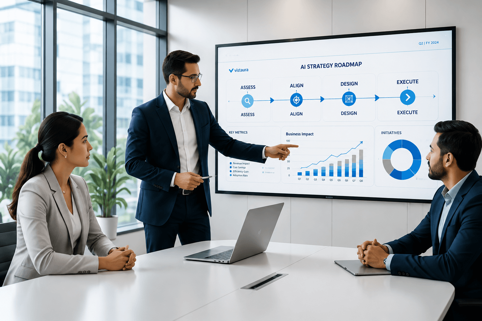 Consultants presenting an AI strategy roadmap